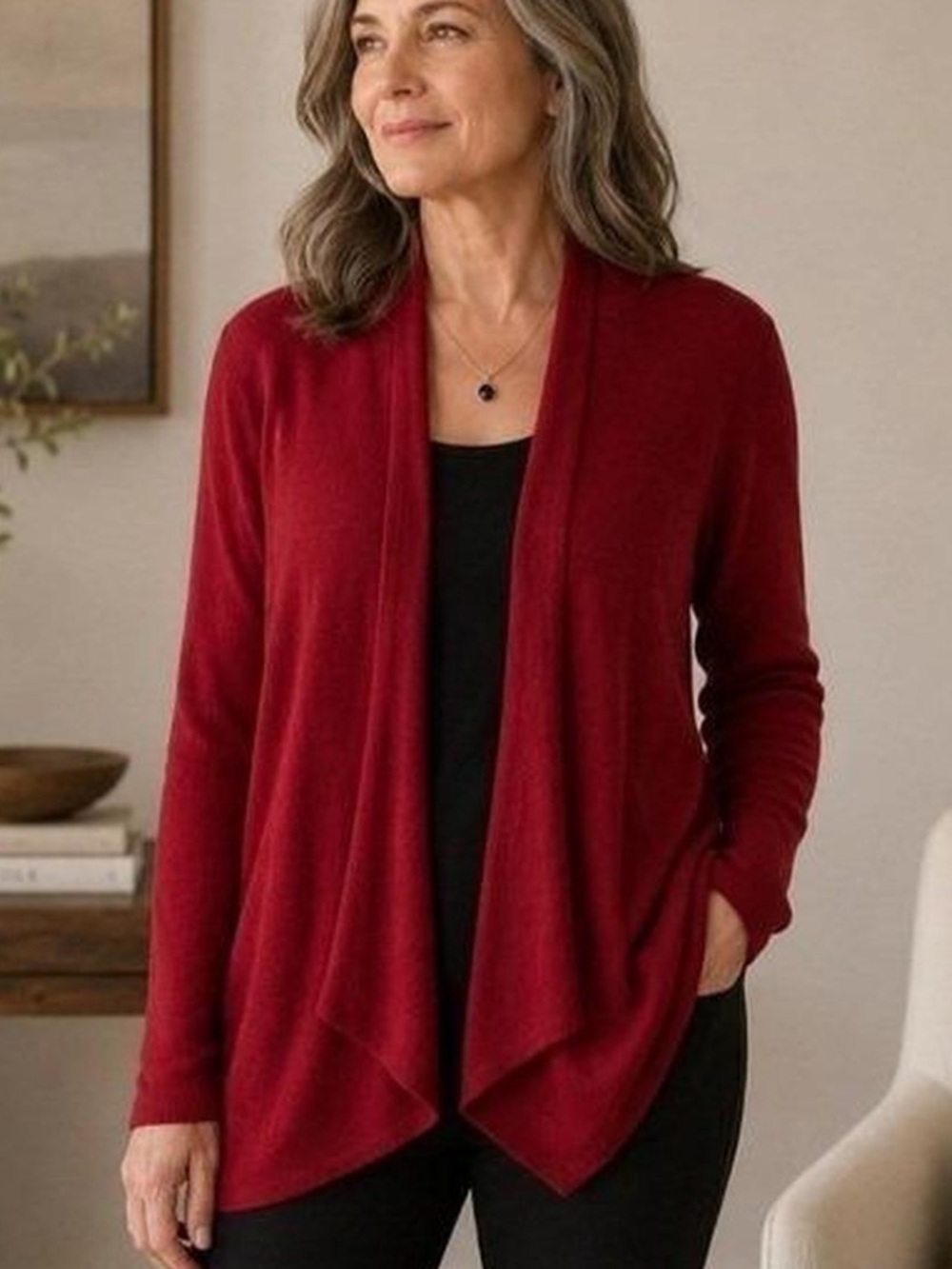 Eileen Fisher Deep Red Open-Front Draped Cardigan in Wool Cashmere Blend